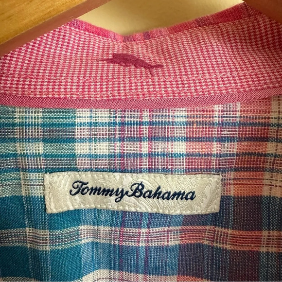 Tommy Bahama Mens XL 100% Linen Summer Plaid Button Up Shirt Blue Pink Preppy - Picture 3 of 6